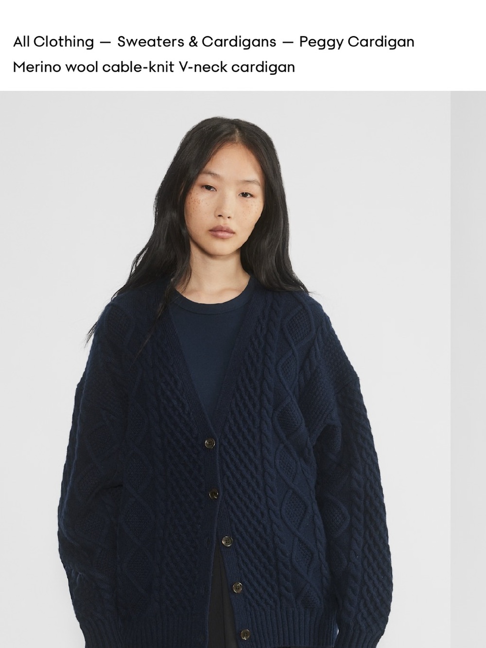 Aritzia Navy Cable-Knit V-Neck Cardigan